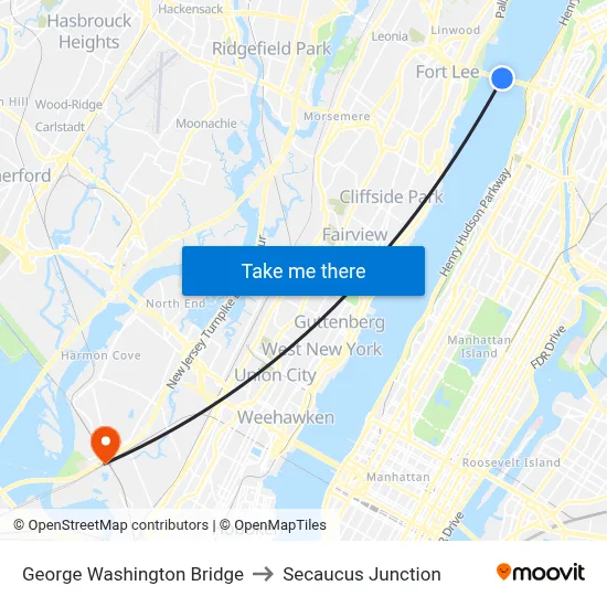 George Washington Bridge to Secaucus Junction map