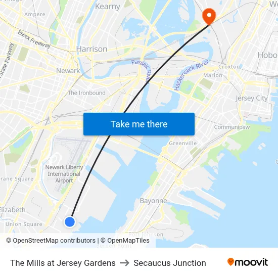 The Mills at Jersey Gardens to Secaucus Junction map