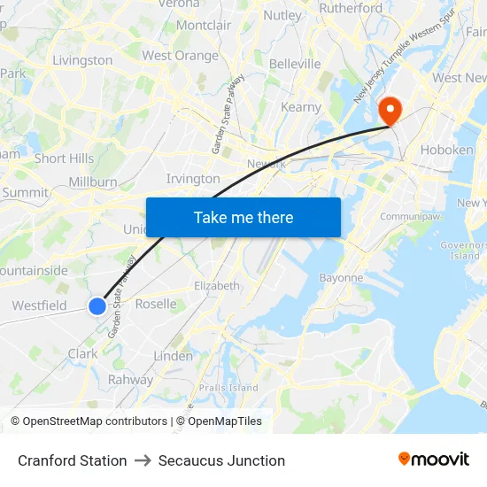 Cranford Station to Secaucus Junction map