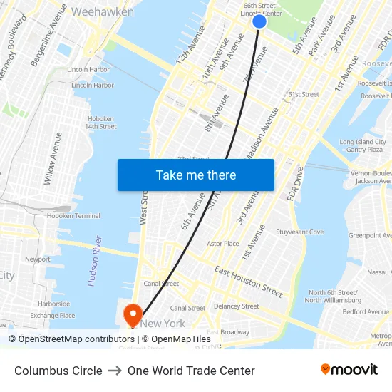 Columbus Circle to One World Trade Center map