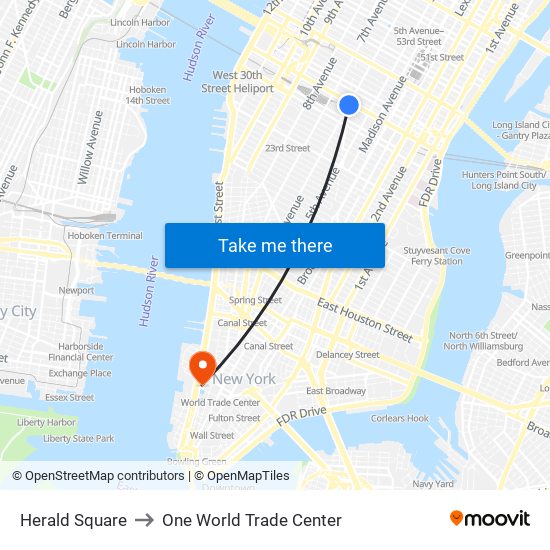 Herald Square to One World Trade Center map