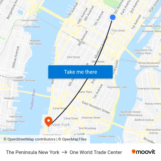 The Peninsula New York to One World Trade Center map
