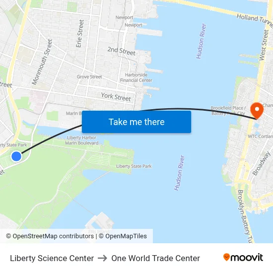 Liberty Science Center to One World Trade Center map