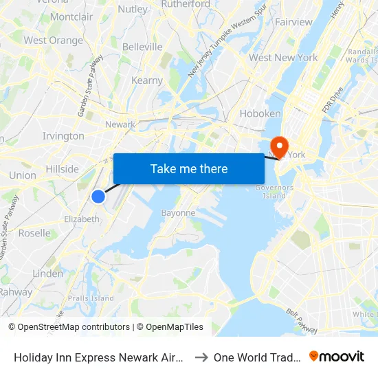 Holiday Inn Express Newark Airport - Elizabeth to One World Trade Center map