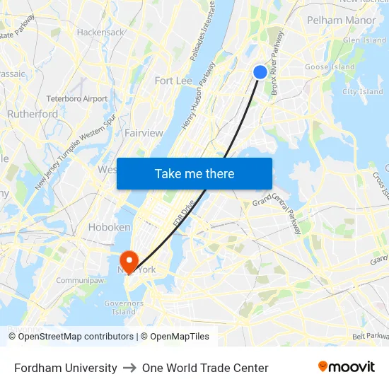 Fordham University to One World Trade Center map