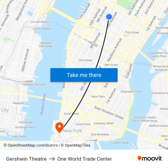 Gershwin Theatre to One World Trade Center map
