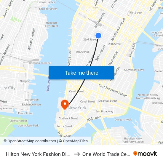 Hilton New York Fashion District to One World Trade Center map