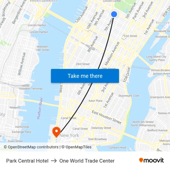 Park Central Hotel to One World Trade Center map