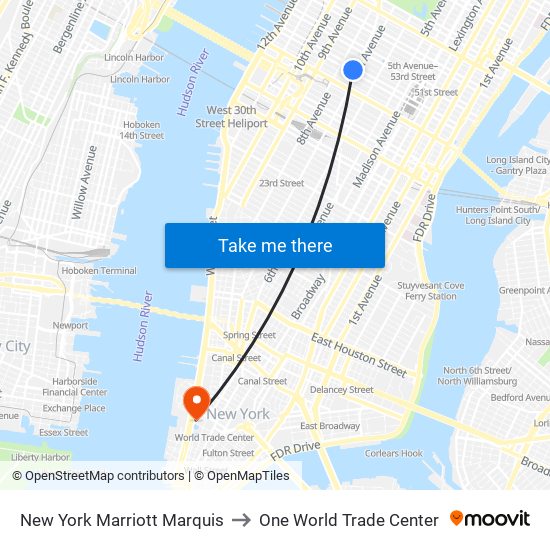 New York Marriott Marquis to One World Trade Center map