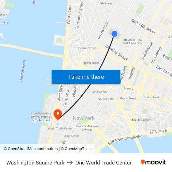 Washington Square Park to One World Trade Center map