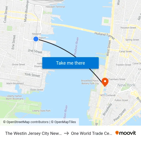 The Westin Jersey City Newport to One World Trade Center map