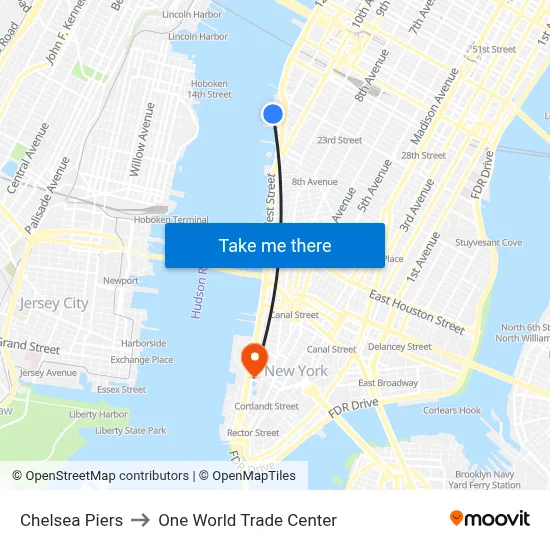 Chelsea Piers to One World Trade Center map
