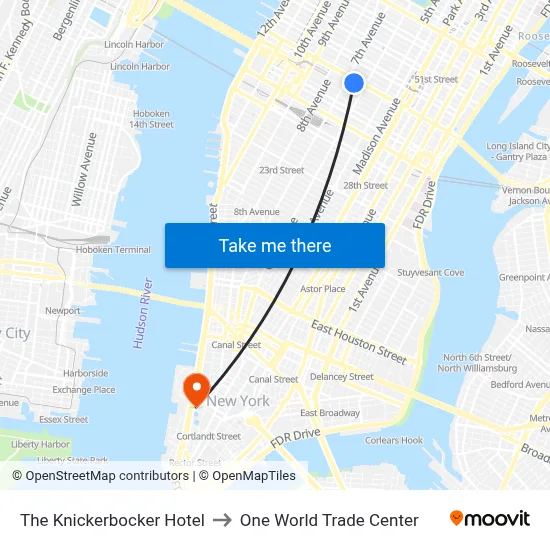 The Knickerbocker Hotel to One World Trade Center map
