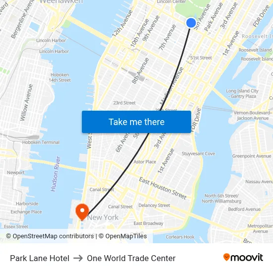 Park Lane Hotel to One World Trade Center map
