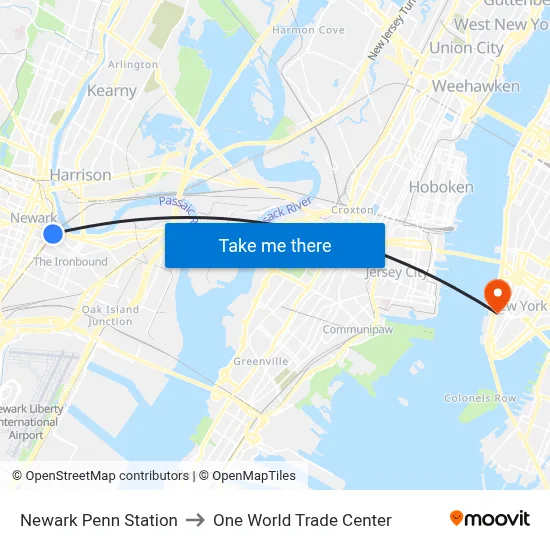 Newark Penn Station to One World Trade Center map