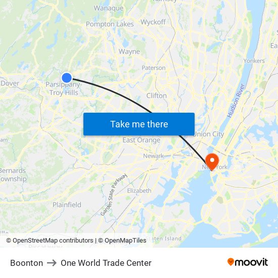 Boonton to One World Trade Center map