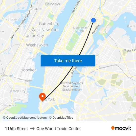 116th Street to One World Trade Center map