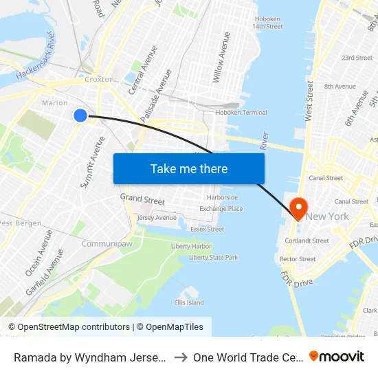 Ramada by Wyndham Jersey City to One World Trade Center map