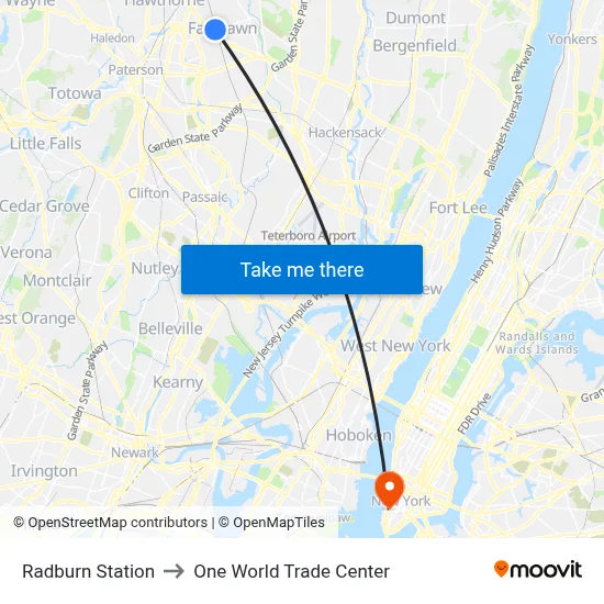 Radburn Station to One World Trade Center map