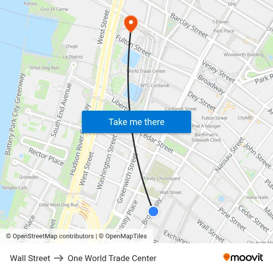 Wall Street to One World Trade Center map