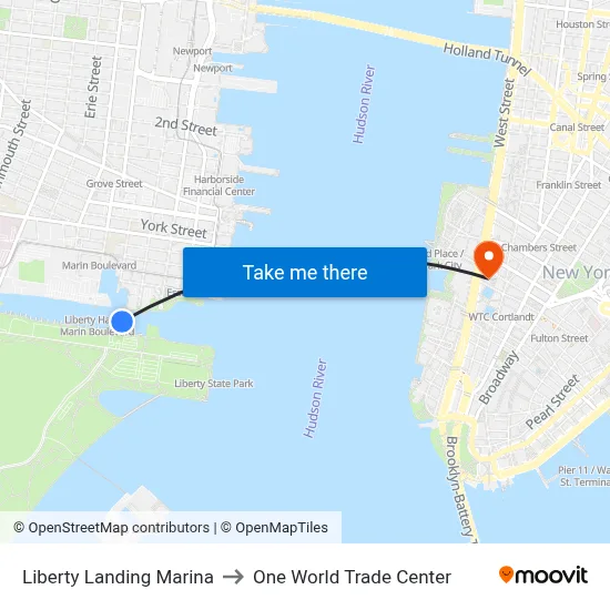 Liberty Landing Marina to One World Trade Center map