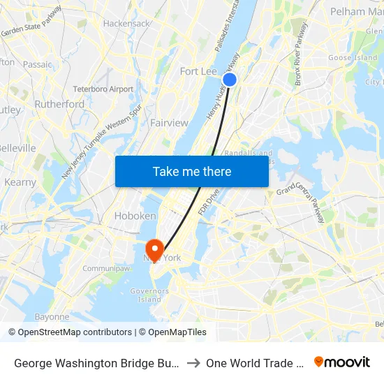 George Washington Bridge Bus Station to One World Trade Center map