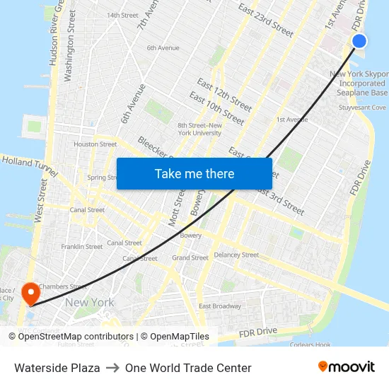 Waterside Plaza to One World Trade Center map