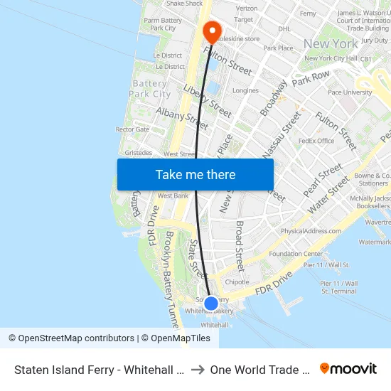 Staten Island Ferry - Whitehall Terminal to One World Trade Center map