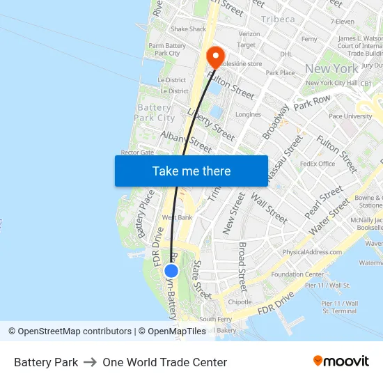 Battery Park to One World Trade Center map
