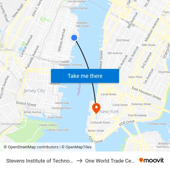 Stevens Institute of Technology to One World Trade Center map