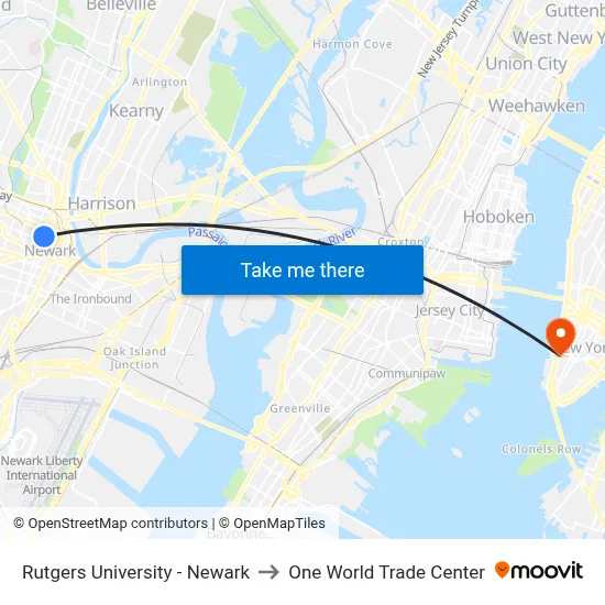 Rutgers University - Newark to One World Trade Center map