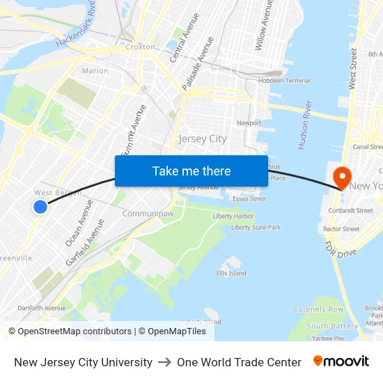 New Jersey City University to One World Trade Center map