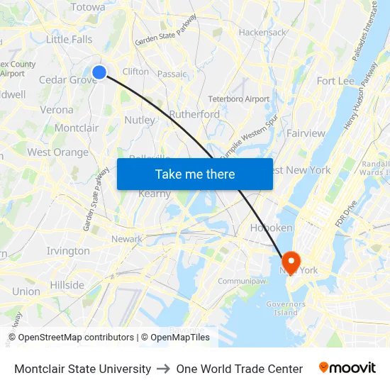 Montclair State University to One World Trade Center map