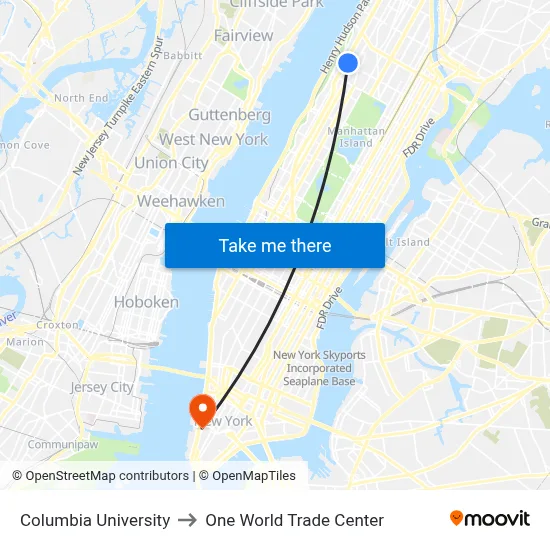 Columbia University to One World Trade Center map