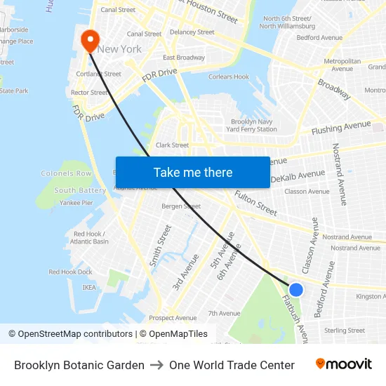 Brooklyn Botanic Garden to One World Trade Center map