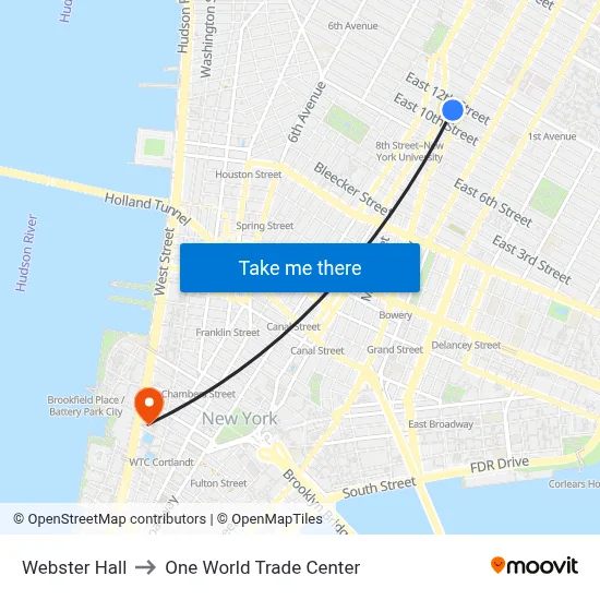 Webster Hall to One World Trade Center map