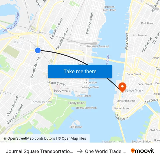 Journal Square Transportation Center to One World Trade Center map