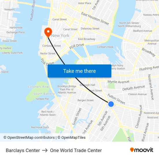 Barclays Center to One World Trade Center map