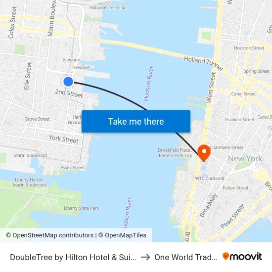 DoubleTree by Hilton Hotel & Suites Jersey City to One World Trade Center map