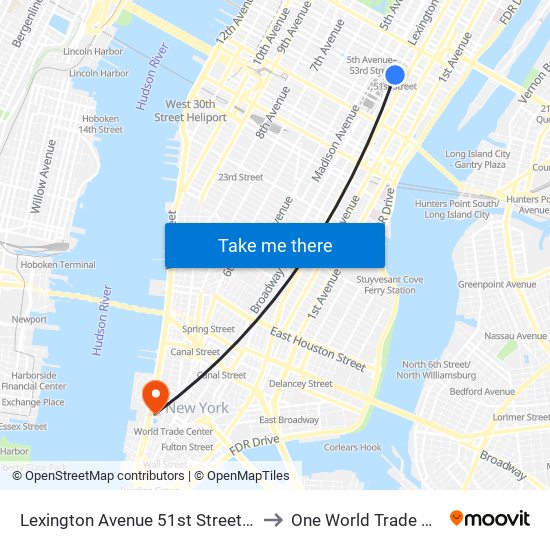 Lexington Avenue 51st Street Station to One World Trade Center map