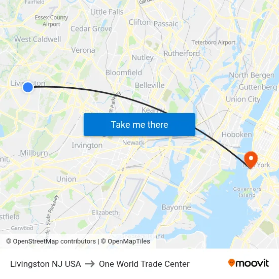 Livingston NJ USA to One World Trade Center map