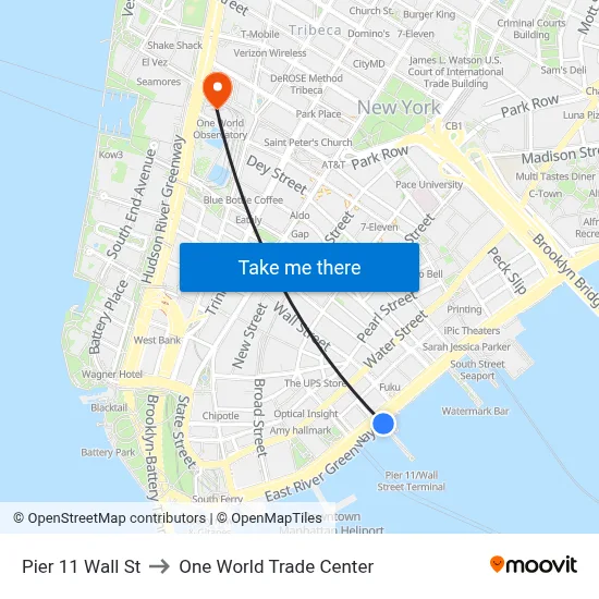 Pier 11 Wall St to One World Trade Center map
