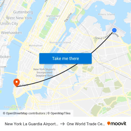 New York La Guardia Airport LGA to One World Trade Center map