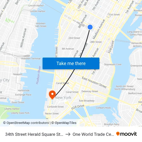 34th Street Herald Square Station to One World Trade Center map