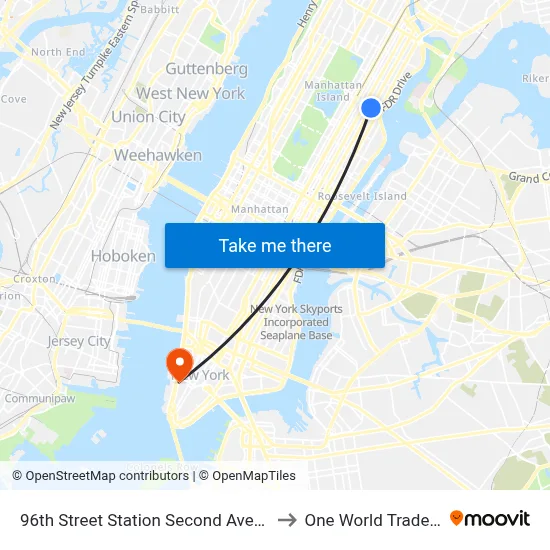 96th Street Station Second Avenue Subway to One World Trade Center map