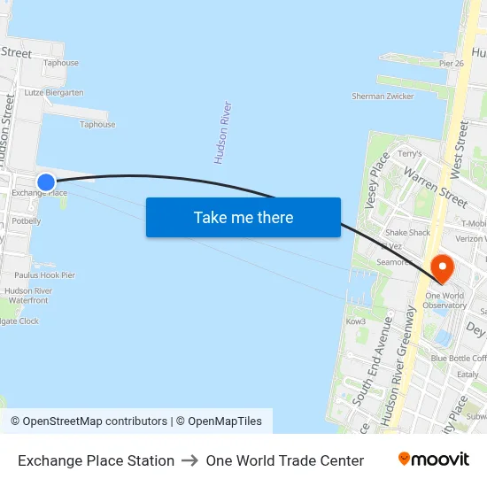 Exchange Place Station to One World Trade Center map