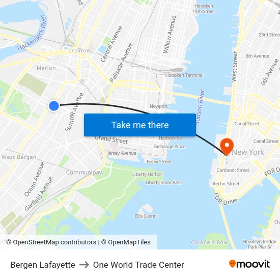 Bergen Lafayette to One World Trade Center map