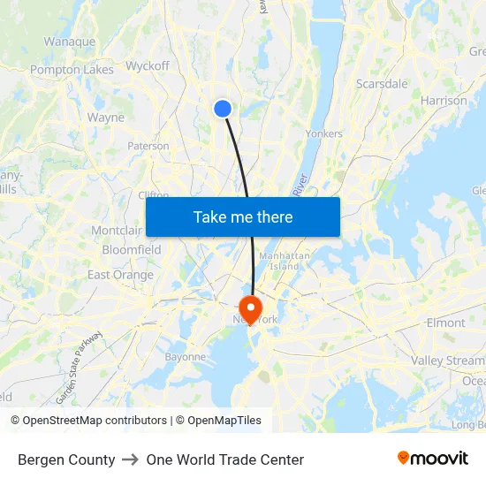 Bergen County to One World Trade Center map