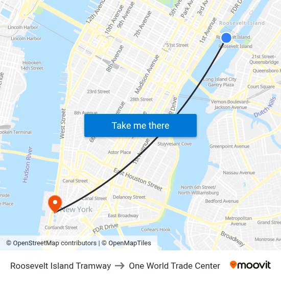 Roosevelt Island Tramway to One World Trade Center map