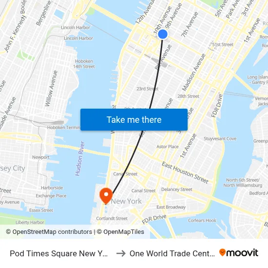 Pod Times Square New York to One World Trade Center map